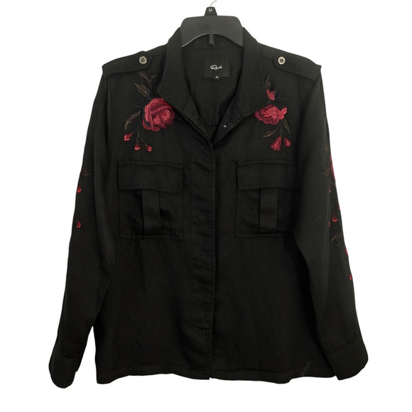 Rails Elliot Embroidered Utility Shirt Jacket Sz XS Black Metallic Roses Shacket - Picture 2 of 13